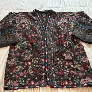 Johnny Was Biya Embroidered Cardigan Sweater Floral Size M Oversized Open Boho